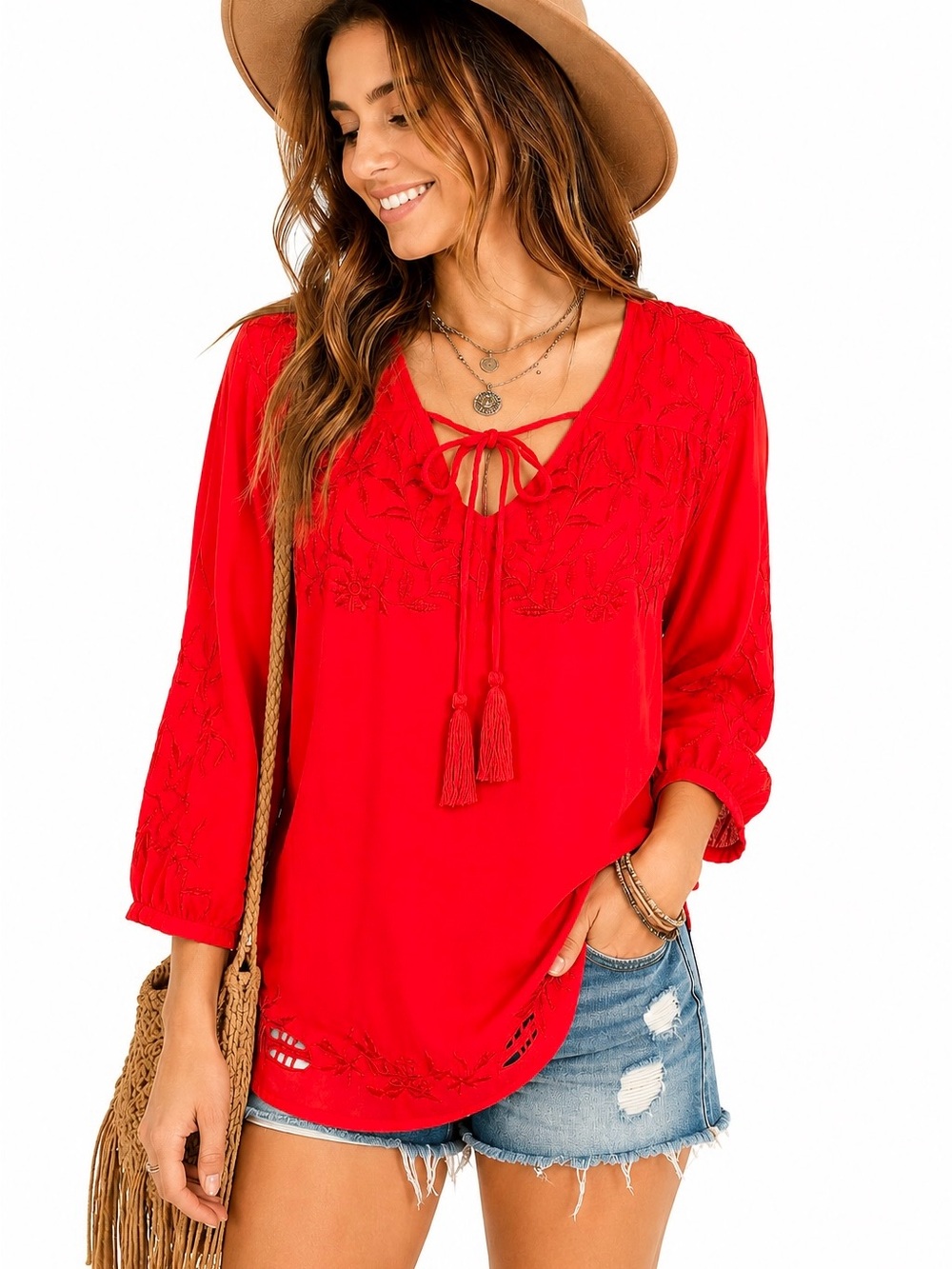 Cynthia Rowley Embroidered Cutwork Peasant Boho Tassel Blouse Red M
